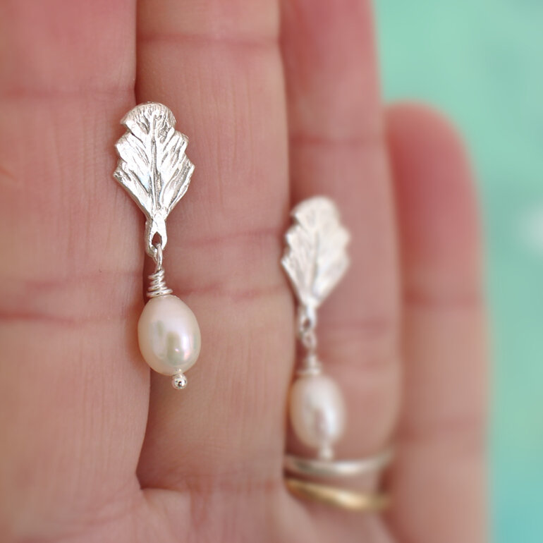 sea plume ocean feather studs earrings silver pearls lily griffin nz jewellery