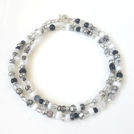 Seed bead necklace with black, white, clear, grey & silver beads