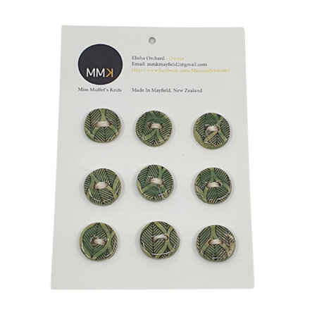 Set of Nine Buttons - 1.5cm Circle Green Leaf