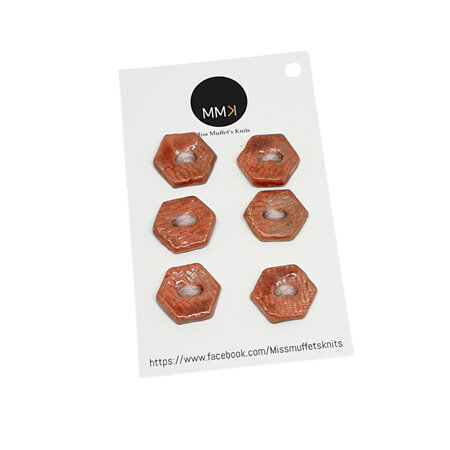 Set of Six Buttons - 1.5cm Hexagon Burnt Orange Hatch
