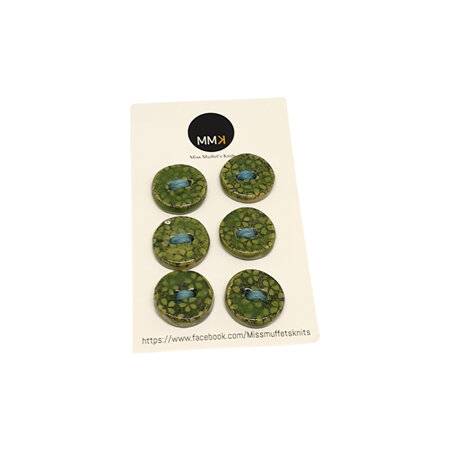 Set of Six Buttons - 1.5cm Circle Green Flowers