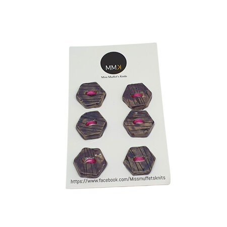 Set of Six Buttons - 1.5cm Hexagon Purple Stripes