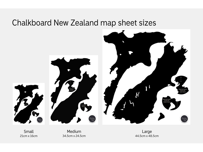 Sheet sizes for black chalkboard New Zealand map wall decals