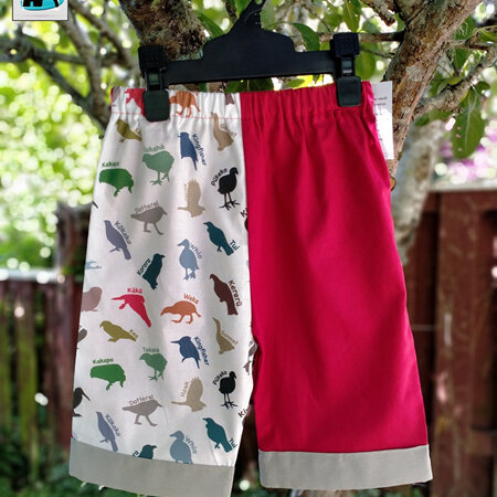 Shorts - Red and Grey with NZ Birds in Colourful Silhouette