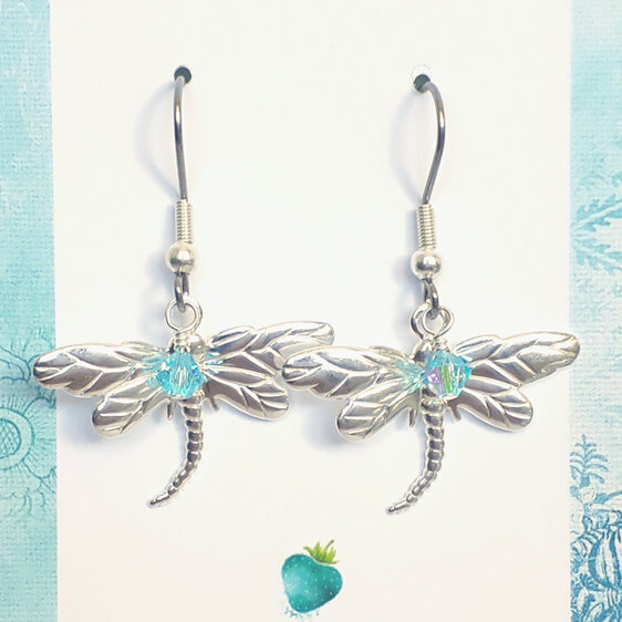 Silver Dragonfly earrings with blue crystals