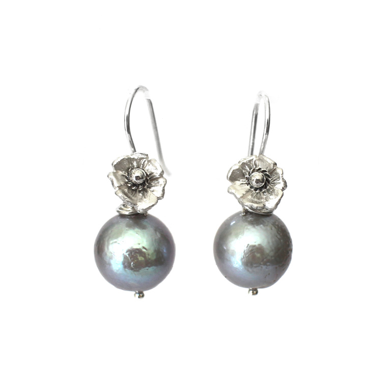 Silver grey pearl earrings sterling flowers classic wedding lilygriffin jeweller