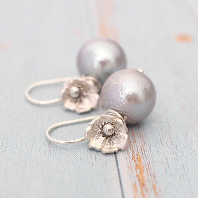 Silver grey pearl earrings sterling flowers wedding lily griffin jewellery nz
