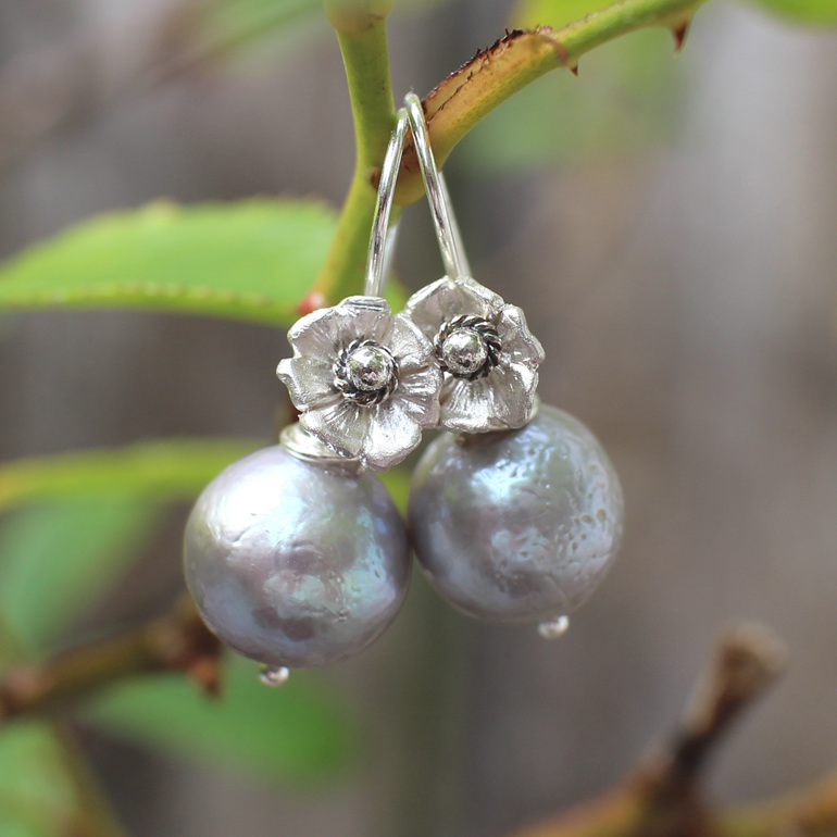 Silver grey pearl earrings sterling flowers wedding lilygriffin jewellery nz