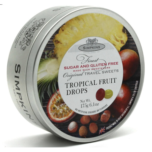 Simpkins Sugar Free Tropical Fruit Travel Sweets in a Tin 175g