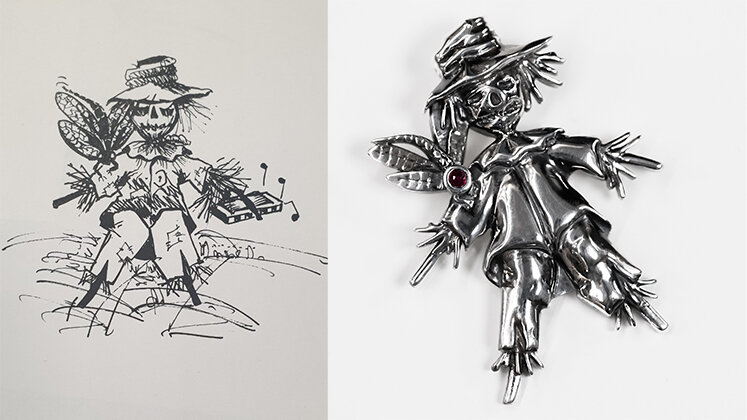 Sketch of Scarecrow with Dragonfly on Shoulder, and pendant crafted from it
