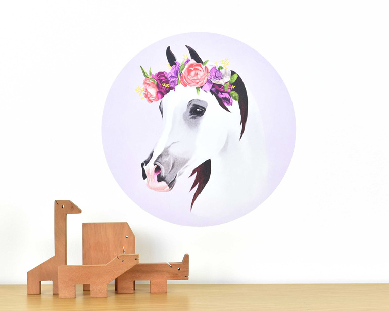 Small horse wall decal with flower crown purple background with wooden animals