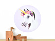 Small unicorn wall decal with flower crown on purple background with toy animals