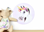 Small unicorn wall decal with flower crown on purple background with toy bunny