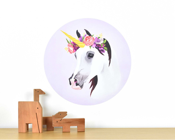 Small unicorn wall decal with flower crown on purple background with toy animals