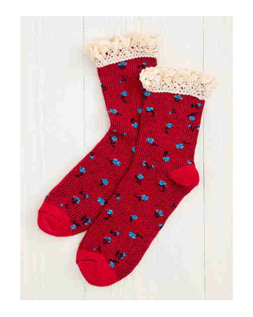 sock147 sock red blue flowers cream crochet lace natural life womens