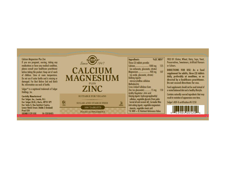 Solgar® Calcium Magnesium Plus Zinc Tablets 100 tabs