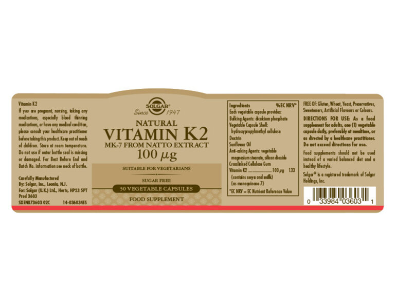 Solgar® Natural Vitamin K2 (MK-7) 100 µg Vegetable Capsules 50 caps