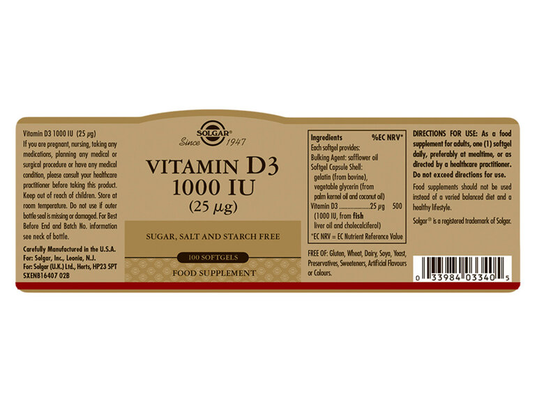 Solgar® Vitamin D3 1000 IU (25 µg) Softgels 100 caps