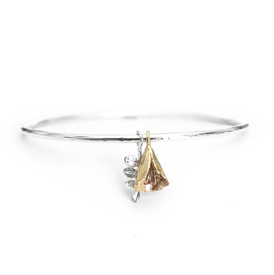 Solid 9k gold Kowhai Bell Leaf sterling silver bangle lilygriffin nz jewellery