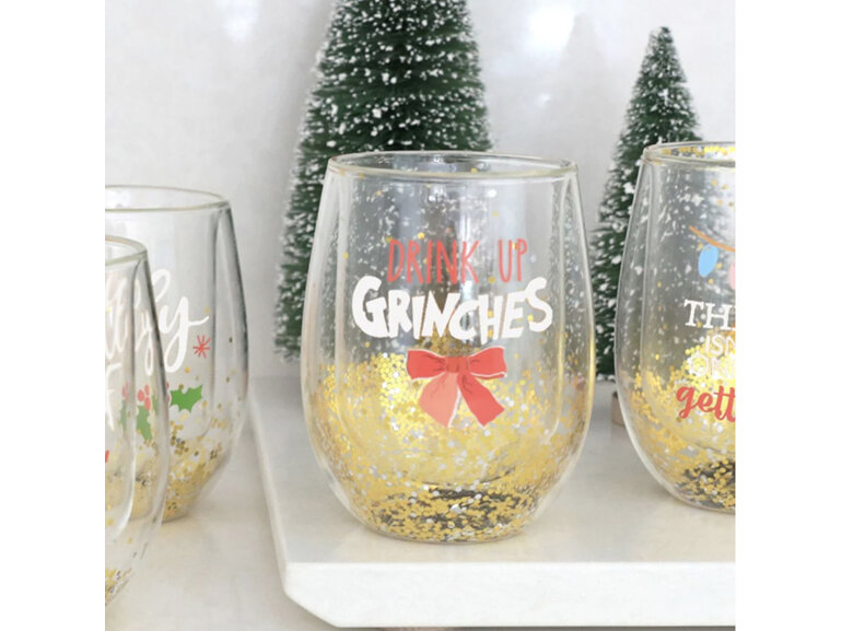 Splosh Christmas Stemless Glass Drink Up Grinches with Glitter
