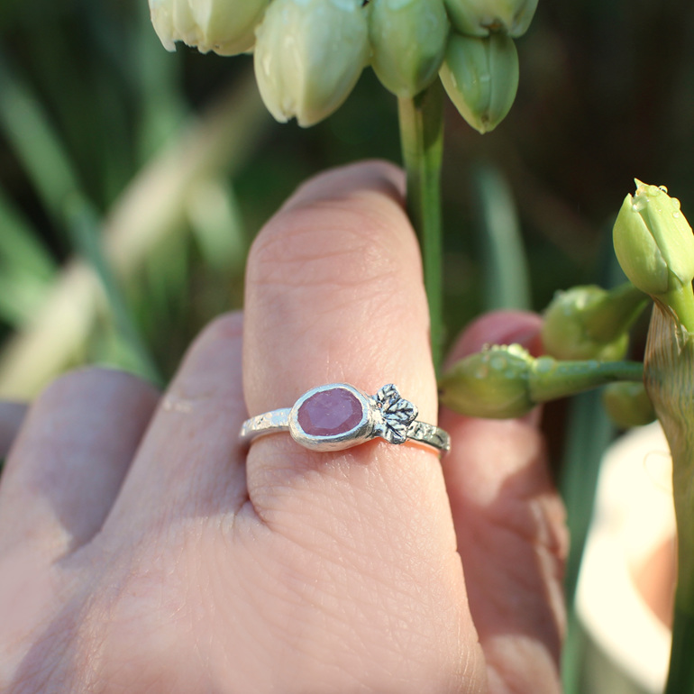 spring pink sapphire rosecut leaves sterling silver lilygriffin jewellery ring