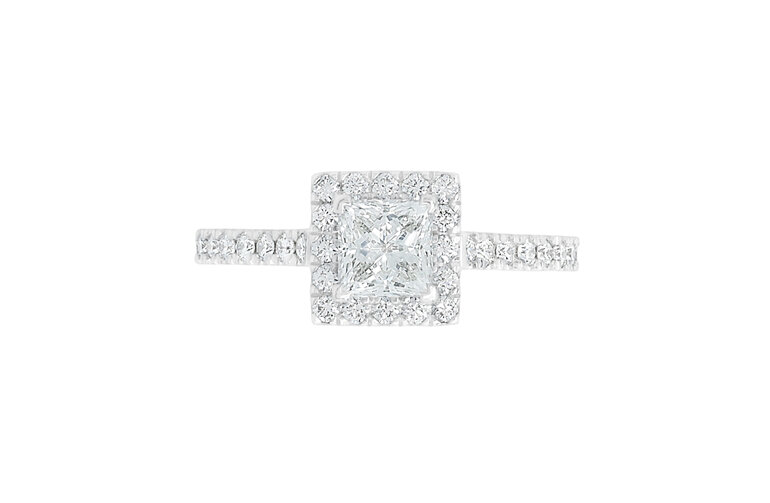 square diamond engagement ring with diamond set band, princess halo cluster ring