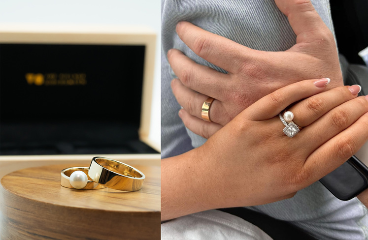 Stacy Heyman and Adam Middleton custom bespoke wedding rings yellow gold pearl