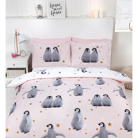 Starry Penguin Pink Duvet Cover Set