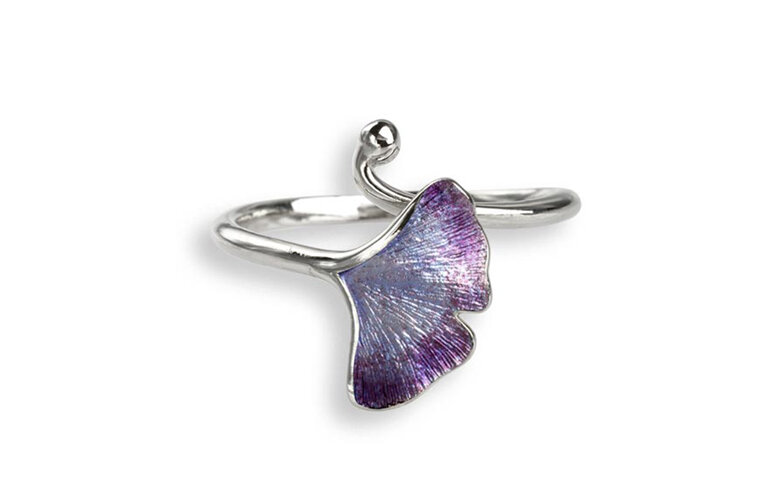 Sterling silver and enamel purple Ginkgo Leaf Ring