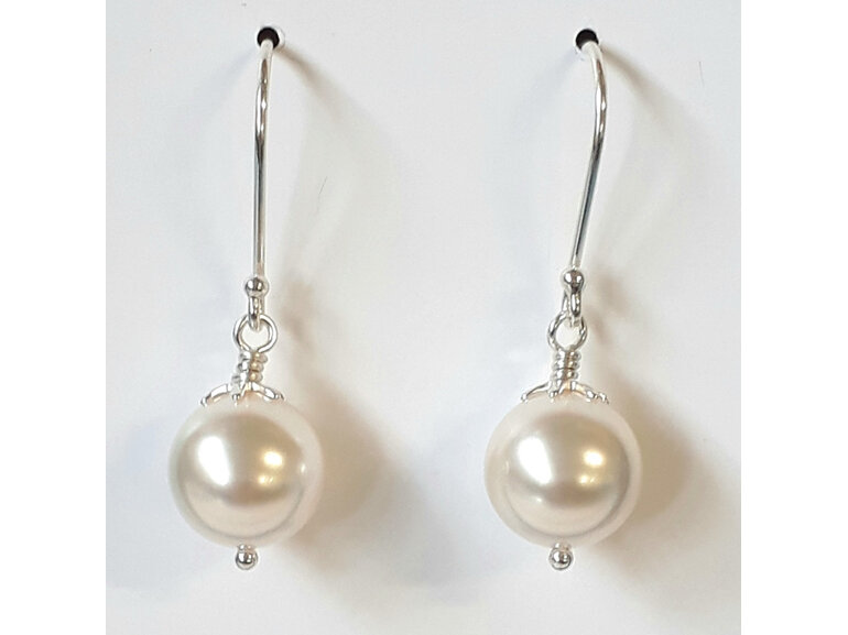 Sterling silver earrings with 10mm warm white pale cream pearl bead
