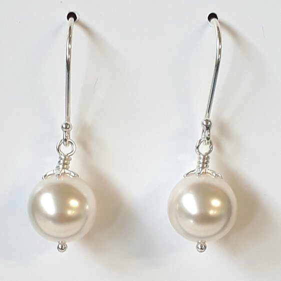 Sterling silver earrings with 10mm warm white pale cream pearl bead