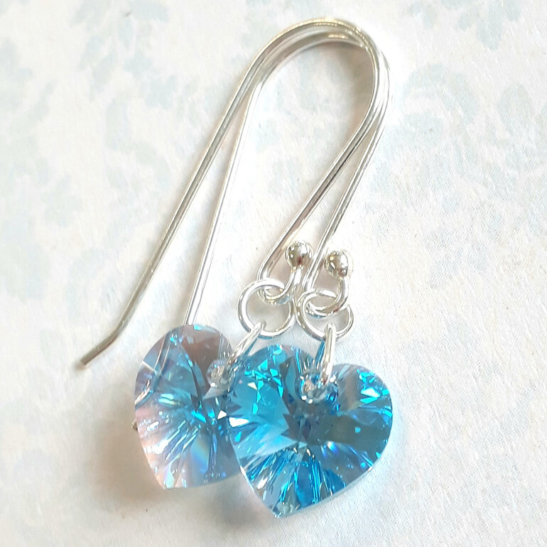 Sterling silver earrings with frosty aquamarine 10mm crystal hearts