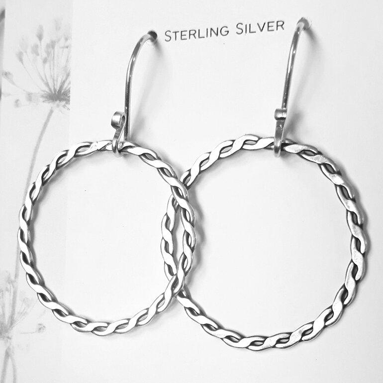 Sterling silver earrings with twisted oxidised hoop and sterling silver hooks