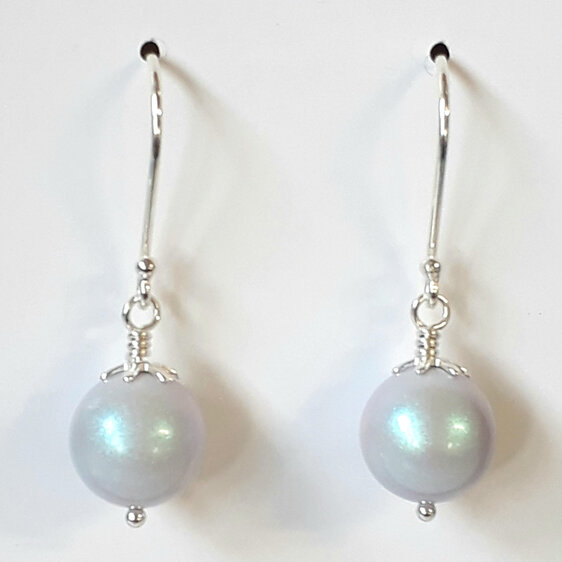 Sterling silver hook earrings with 10mm Swarovski Pearl colour pale blue