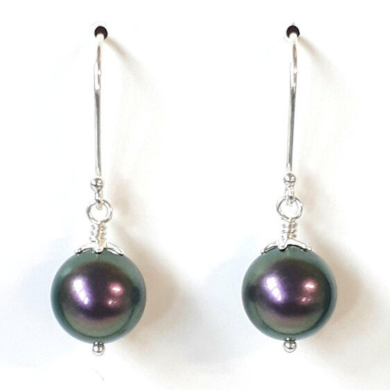 Sterling silver hook earrings with 10mm Swarovski Pearl colour iridescent purple