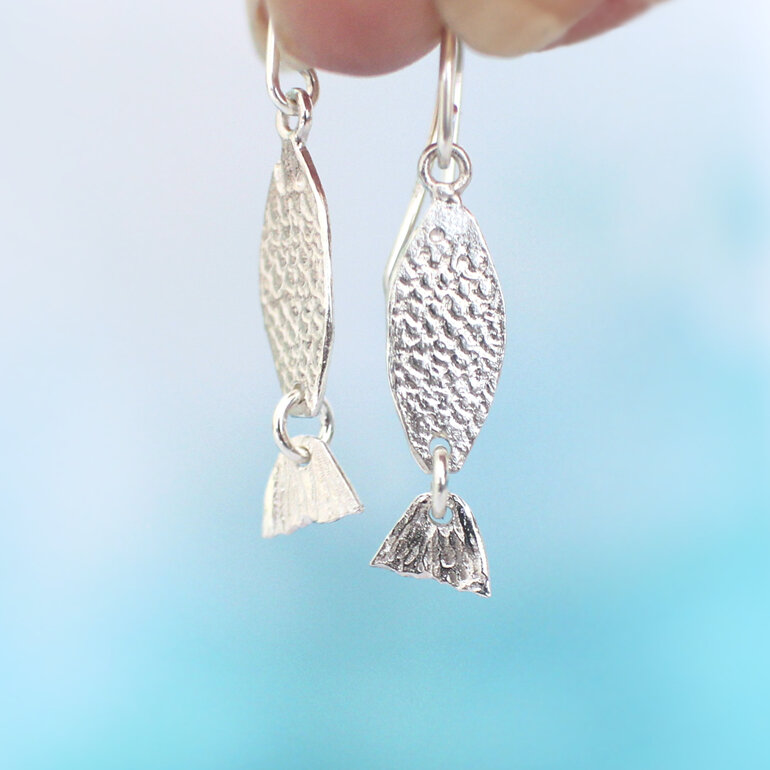 Sterling silver ika iti little fish kinetic tails earrings lily griffin jeweller