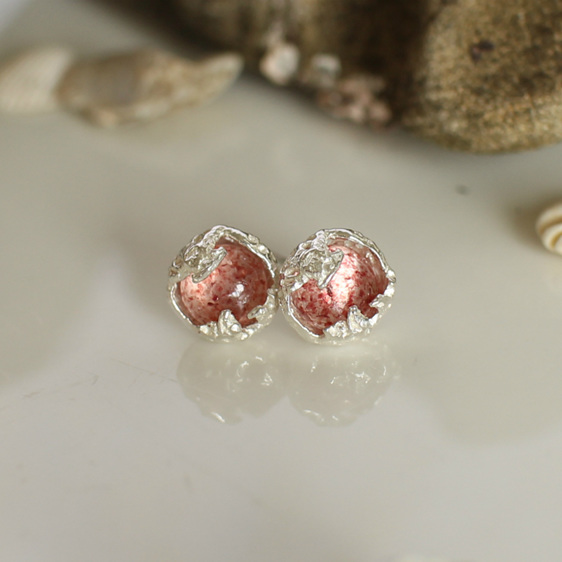 strawberry quartz pink reef organic sterling silver studs earrings ocean nz