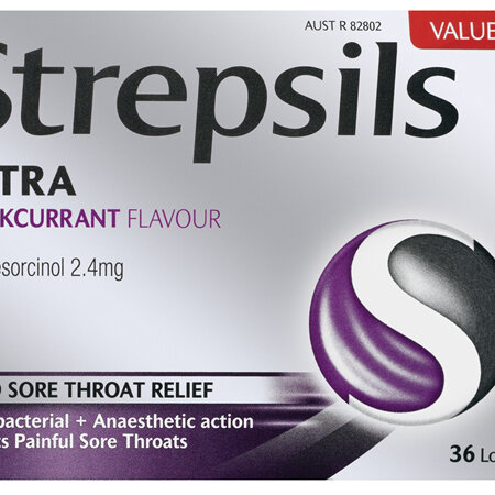 Strepsils Extra Fast Numbing Sore Throat Pain Relief with Anaesthetic Lozenges Blackcurrant 36 Pack