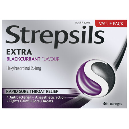Strepsils Extra Fast Numbing Sore Throat Pain Relief with Anaesthetic Lozenges Blackcurrant 36 Pack