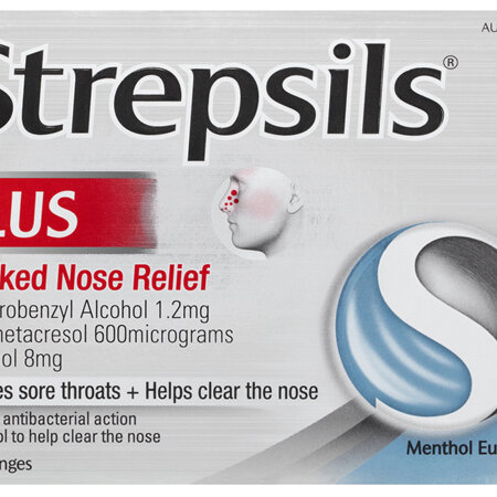 Strepsils Plus Blocked Nose Relief Sore Throat Lozenges Menthol Eucalyptus 16 Pack