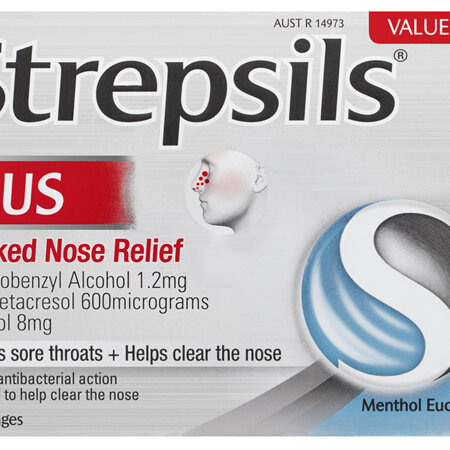 Strepsils Plus Blocked Nose Relief Sore Throat Lozenges Menthol Eucalyptus 36 Pack