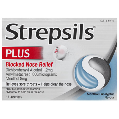 Strepsils Plus Blocked Nose Relief Sore Throat Lozenges Menthol Eucalyptus 16 Pack