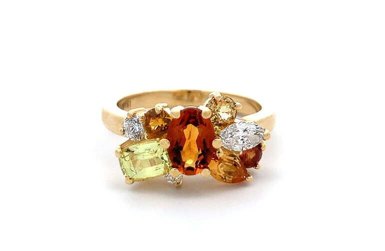 Sunburst Citrine Sapphire Diamond Ring with Blue Enchanted Forest Cluster Ring
