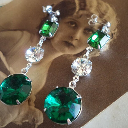 Swarovski crystal turmaline green and vintage emerald rhinestone earrings