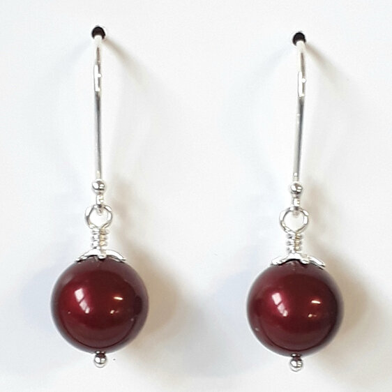 Swarovski pearl earrings with sterling silver hooks and findings colour burgundy