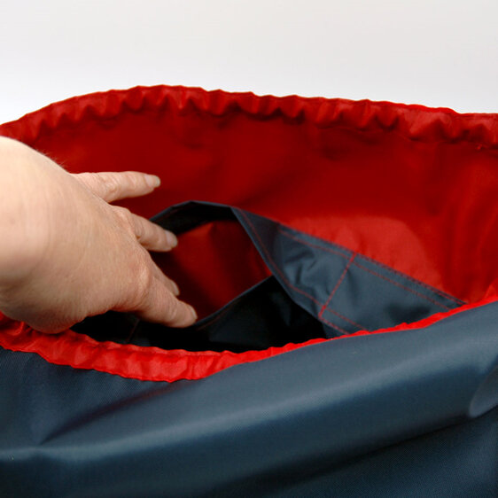 swim pouch navy with red contrast showing pocket inside bag