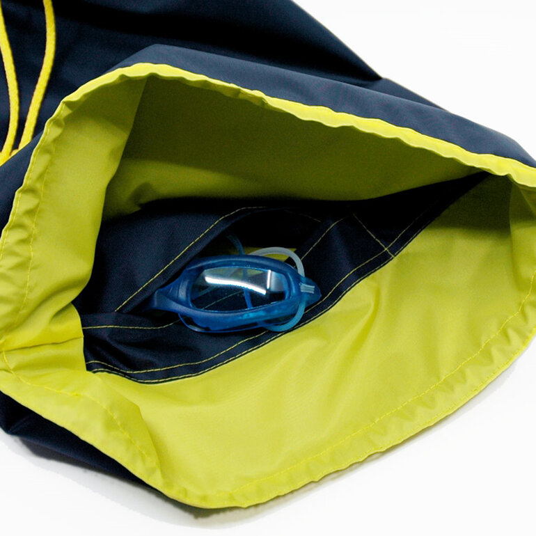 swim pouch navy with yellow contrast showing pocket inside bag