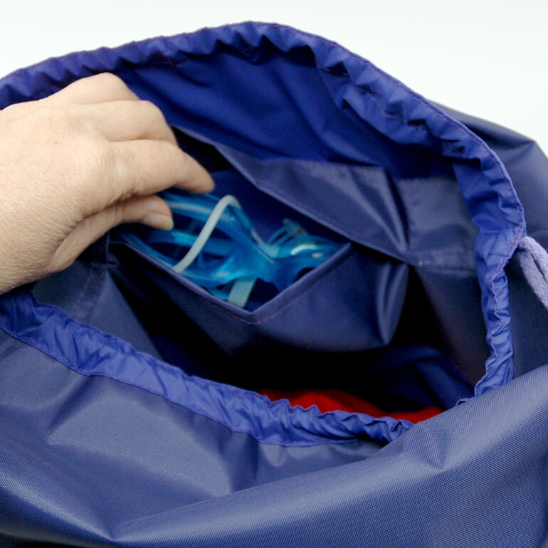 swim pouch purple with purp[le contrast showing pocket inside bag