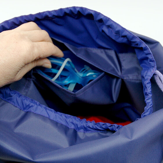 swim pouch purple with purp[le contrast showing pocket inside bag