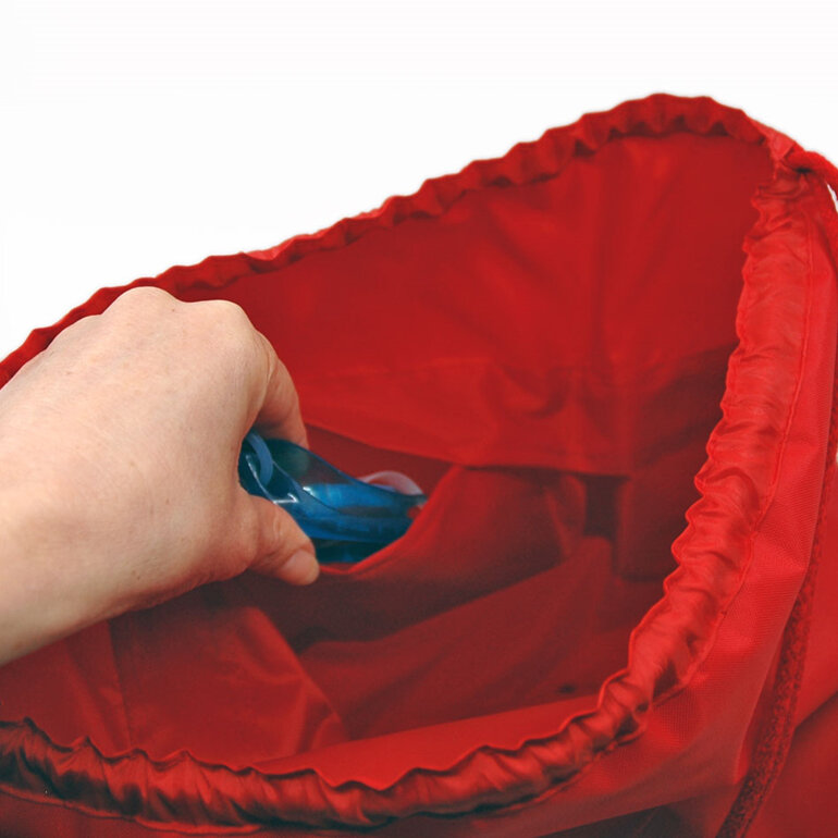 swim pouch red showing pocket inside bag in use